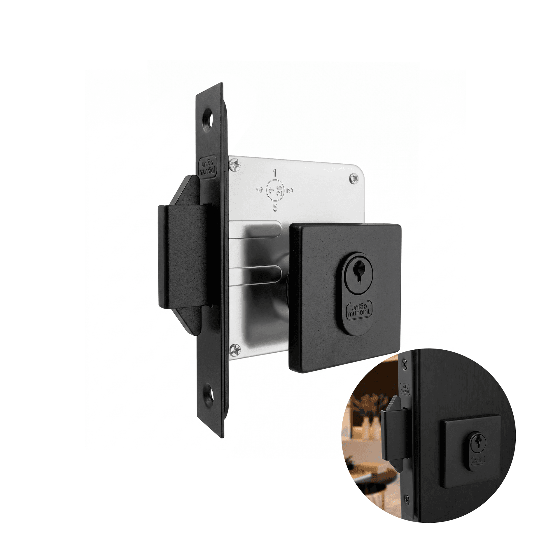 Fechadura Porta de Correr Externa Roseta Quadrada Preto Maquina 45 União Mundial